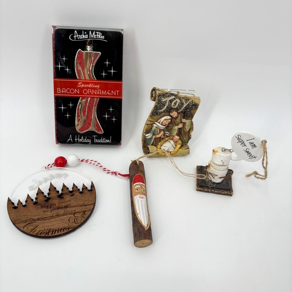 Lot of 5 Christmas Ornaments Bacon, Nativity, Santa Log, S'mores, Laser-Cut Tree